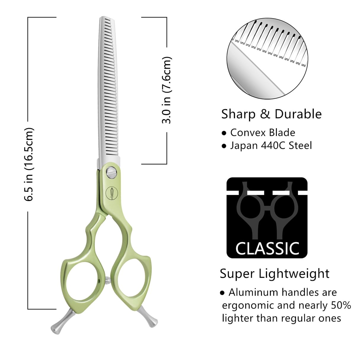 Hashimoto thinning shears 6.5-inch handle grip enables comfortable longer grooming sessions.