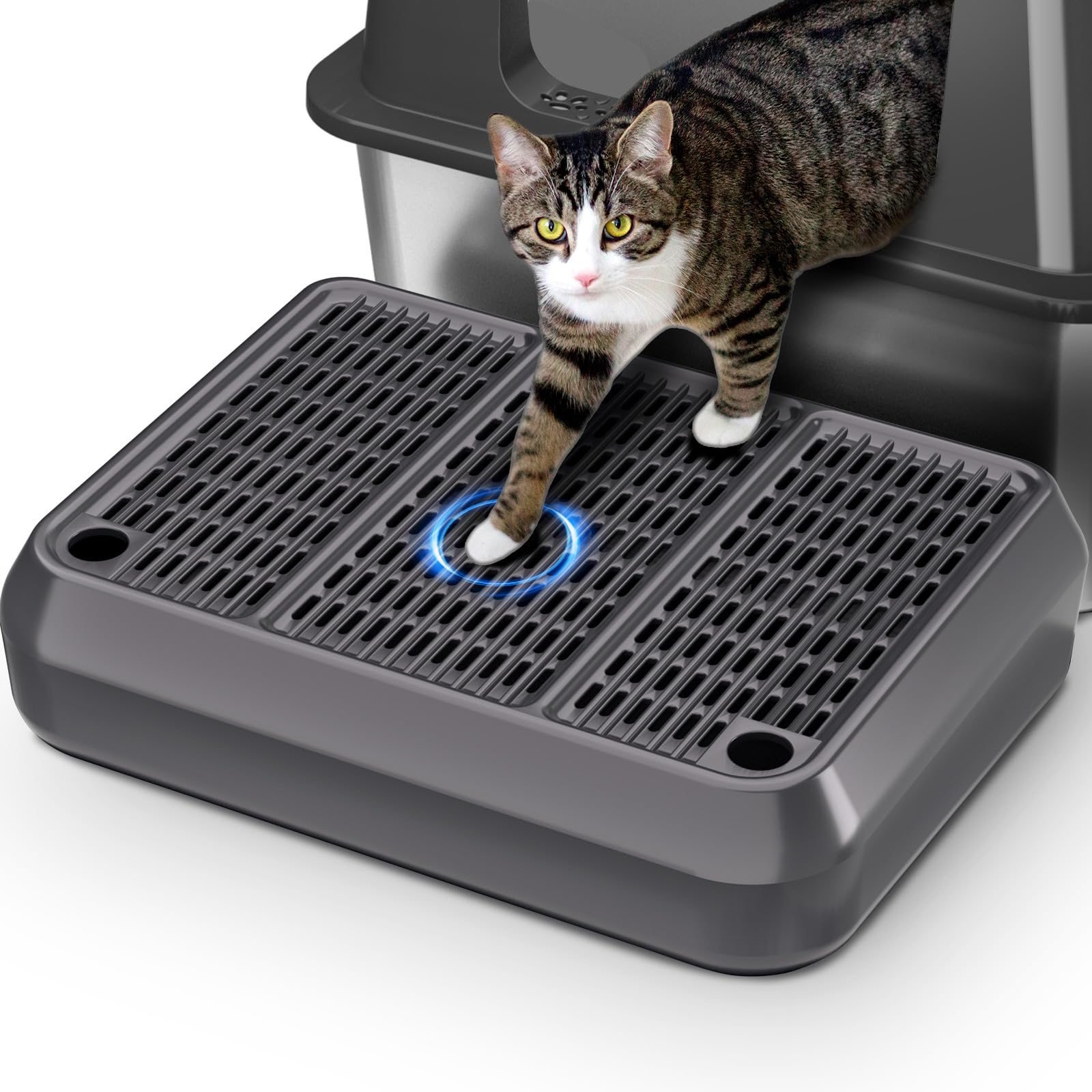 HASKARE large cat litter box ramp landing area reduces mess and keeps floors cleaner.