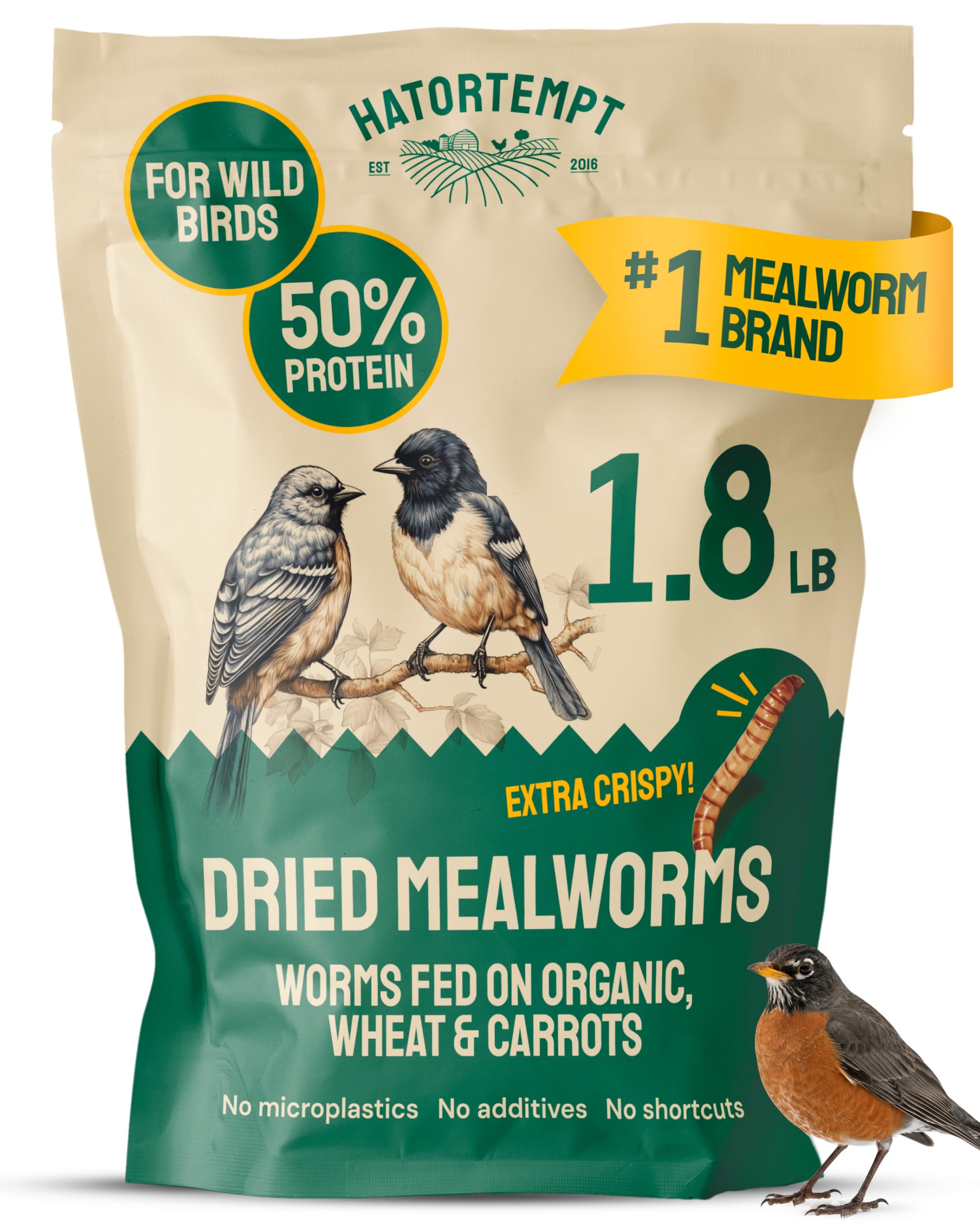 Hatortempt dried mealworms in a 2 lb bag for protein-packed poultry feeding