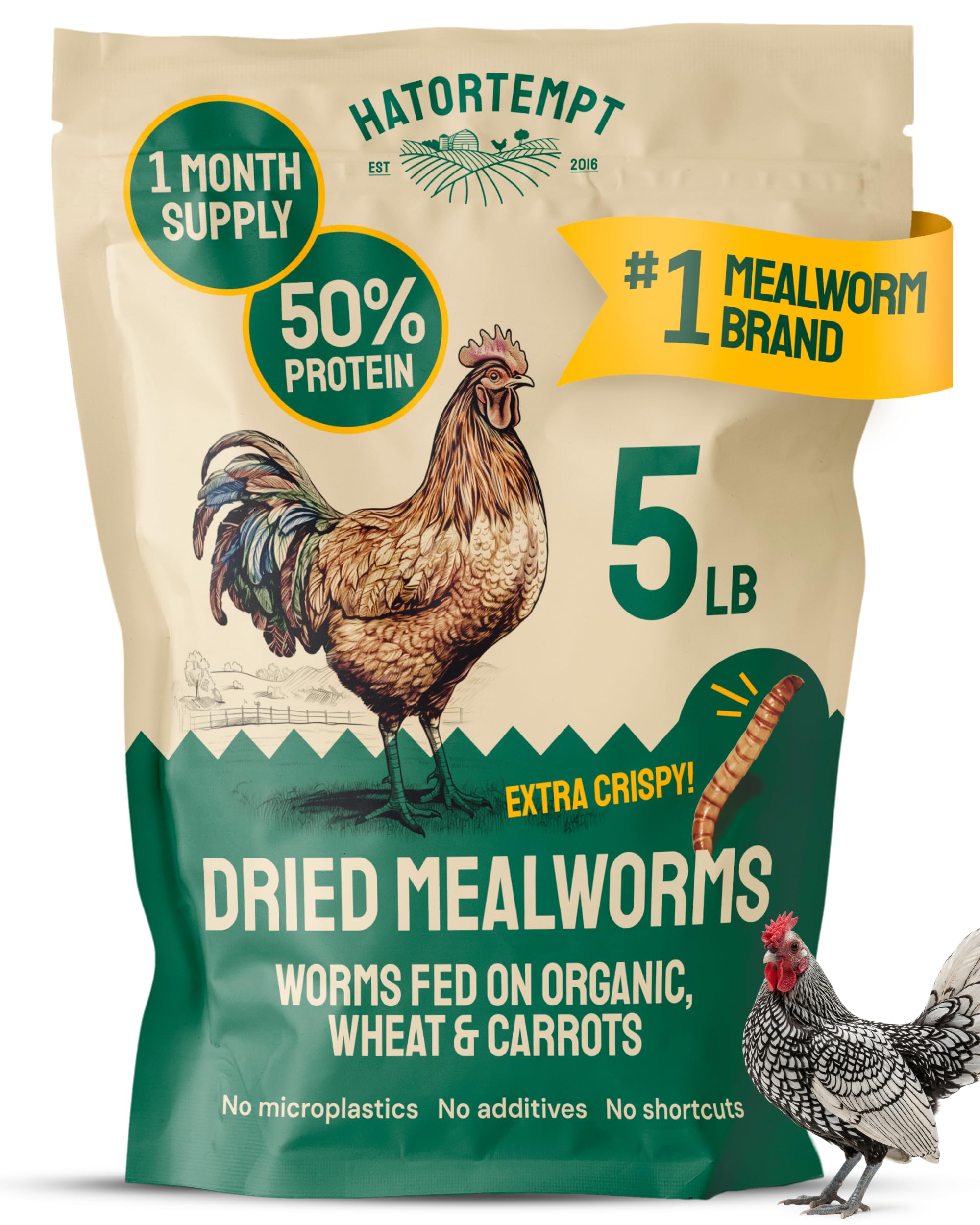 Hatortempt dried mealworms bag with resealable packaging for long shelf life.