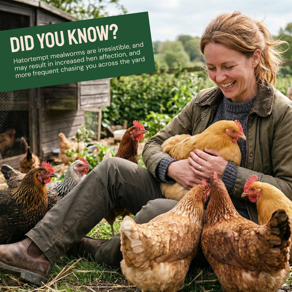 Hatortempt dried mealworms winter-feed image conveys protein support during cold months.