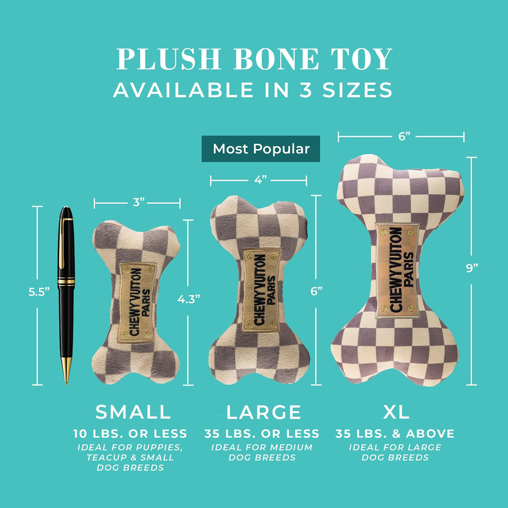 Haute Diggity Dog Chewy Vuiton bone toy with embroidered details adds stylish appeal.