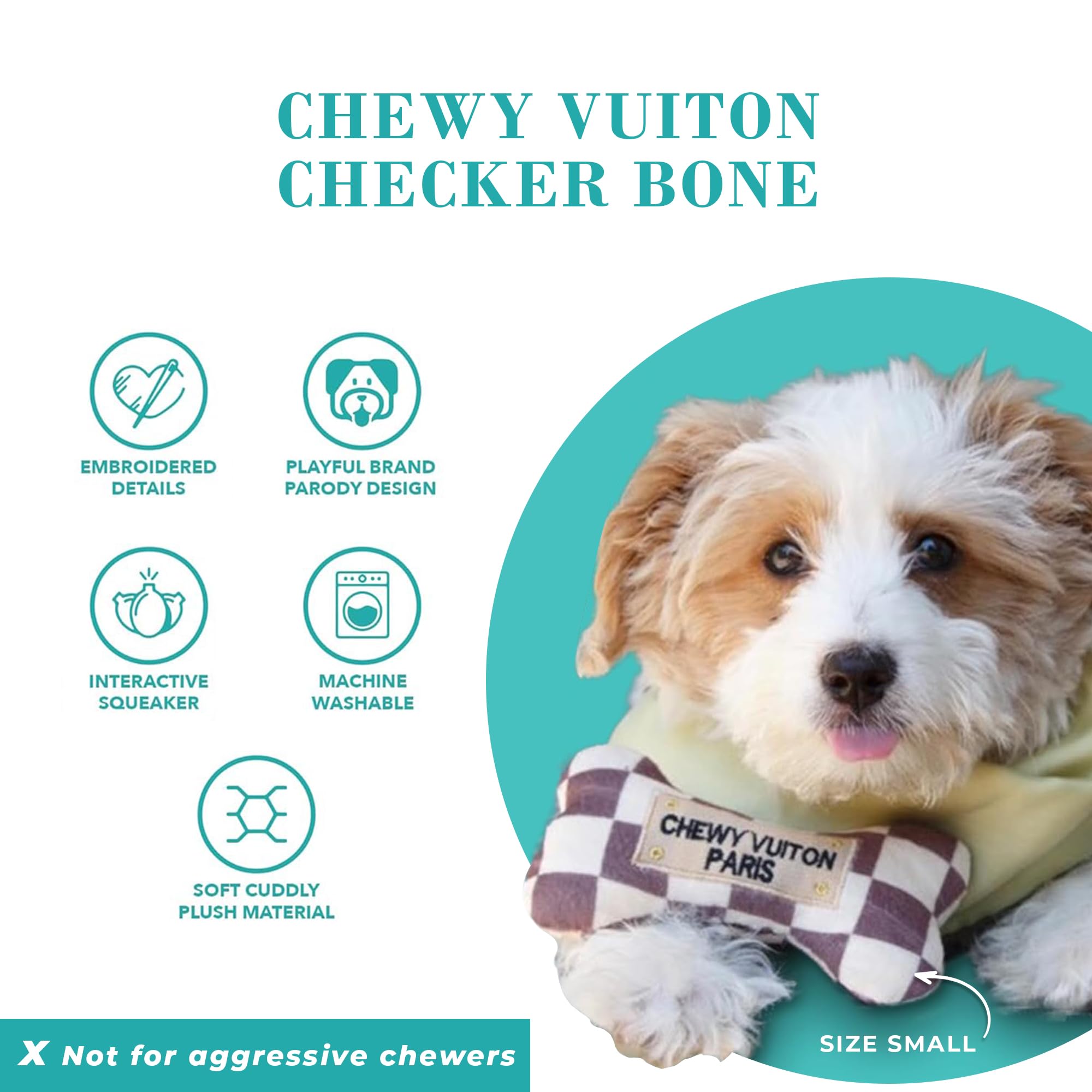 Hard embroidered details on Haute Diggity Dog Chewy Vuiton bone toy tan checker
