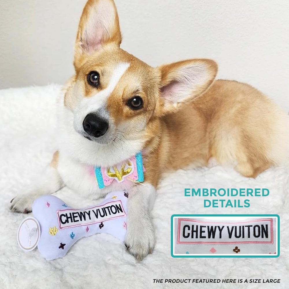 Haute Diggity Dog Chewy Vuiton Bone toy with colorful monogram design on surface