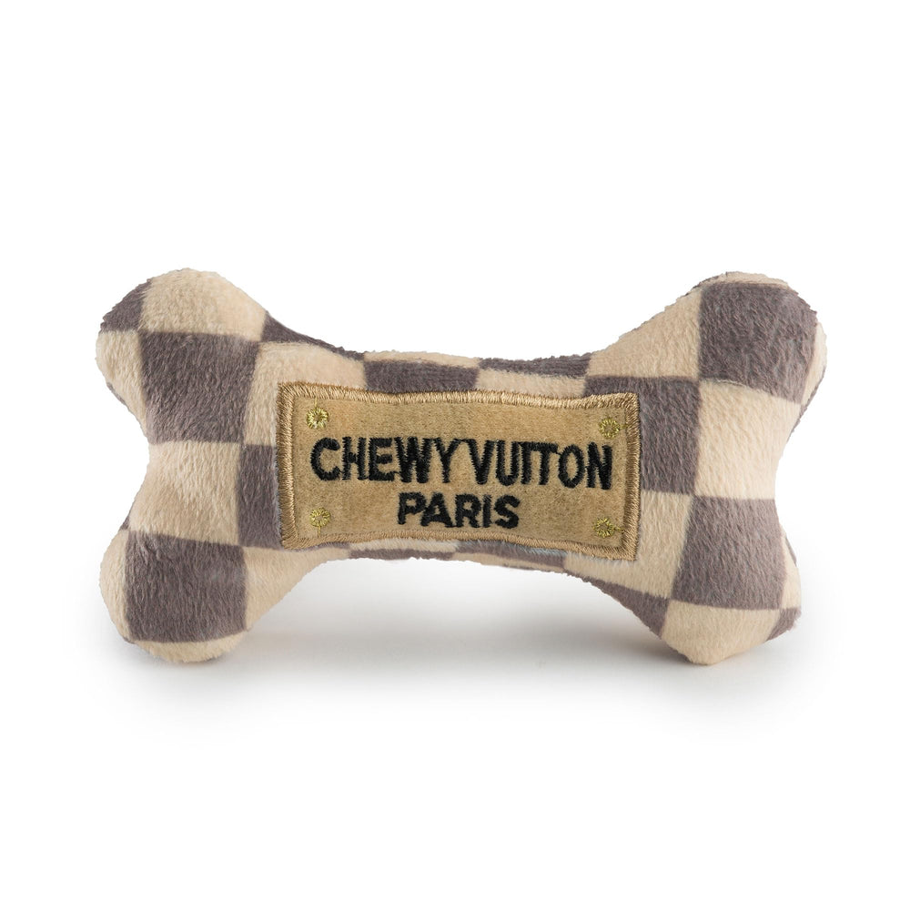 Haute Diggity Dog Chewy Vuiton bone toy tan checker for playful fetch sessions