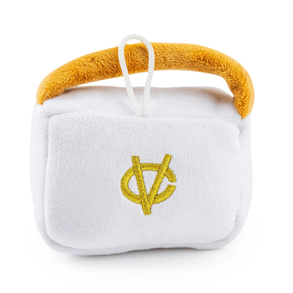 Haute Diggity Dog Chewy Vuiton Handbag closeup monogram, stylish parody design.