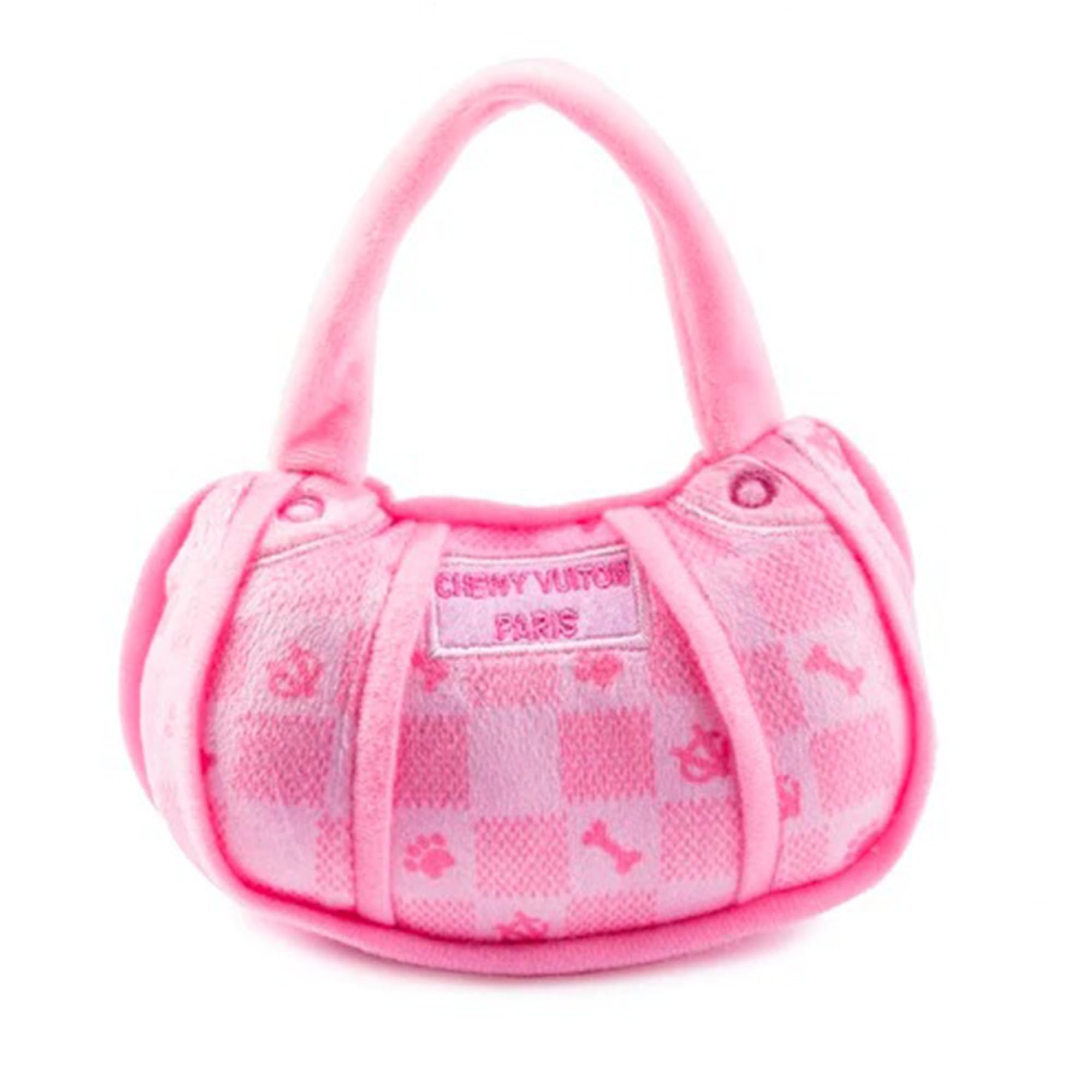 Haute Diggity Dog Chewy Vuiton handbag toy in pink checker for small dogs, squeaky for interactive play