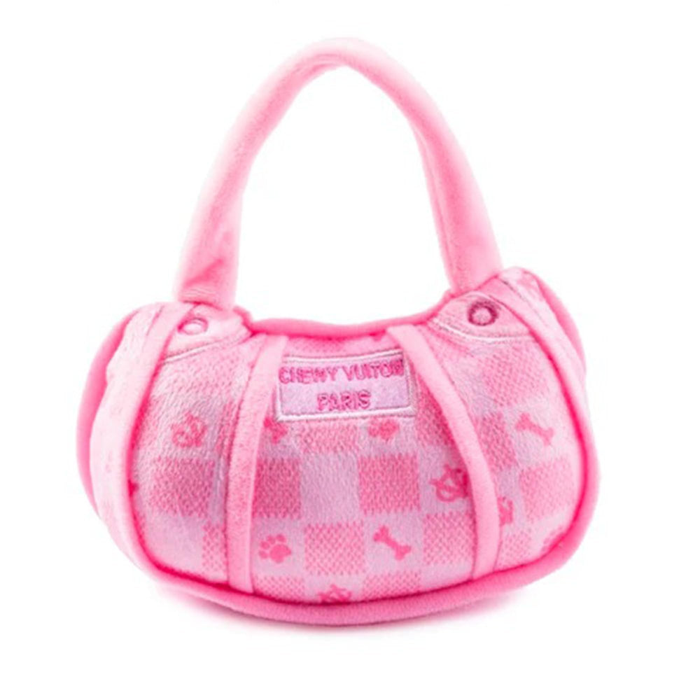 Haute Diggity Dog Chewy Vuiton handbag toy in pink checker for small dogs, squeaky for interactive play