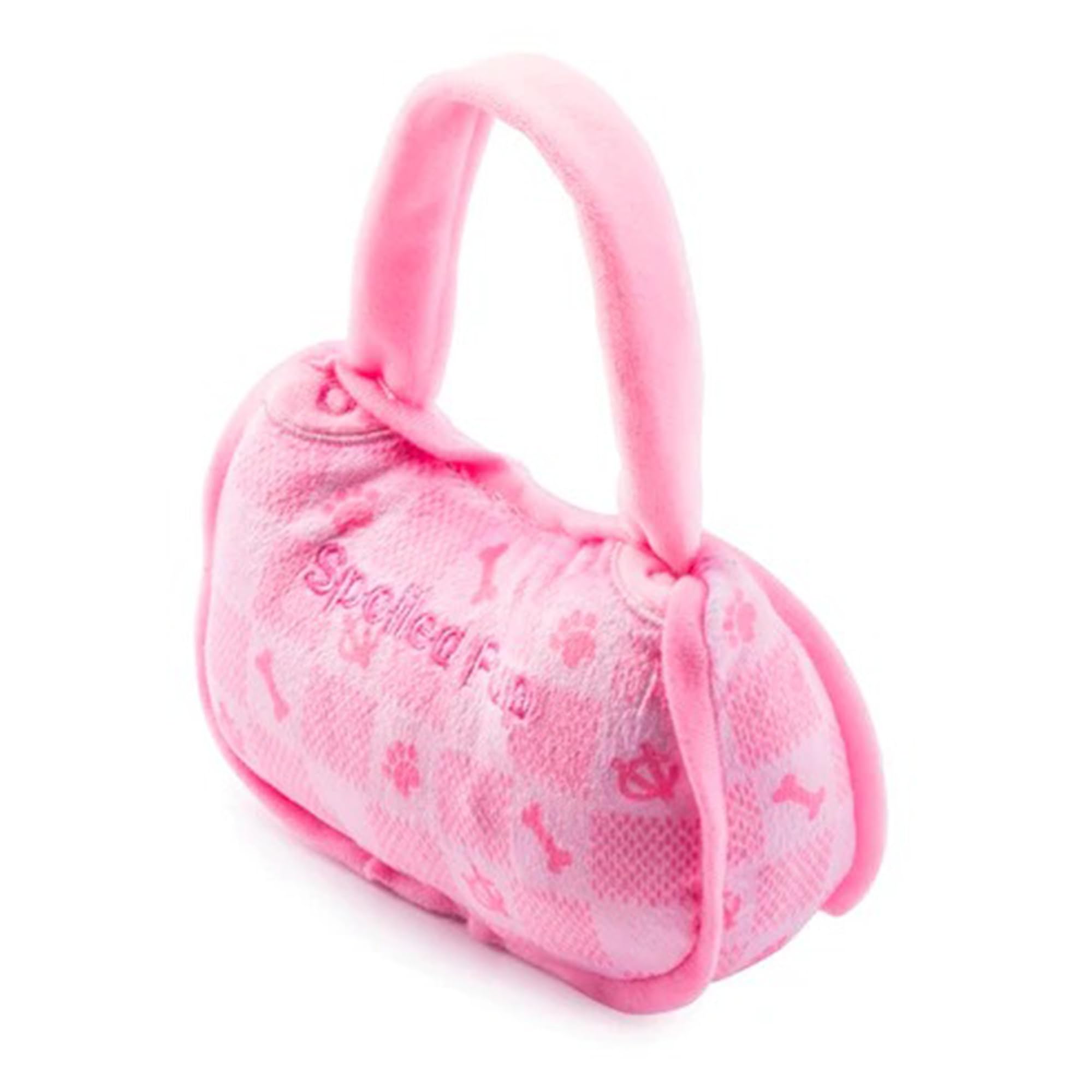 Pink checker handbag plush by Haute Diggity Dog, ideal for cuddles and gentle chewing
