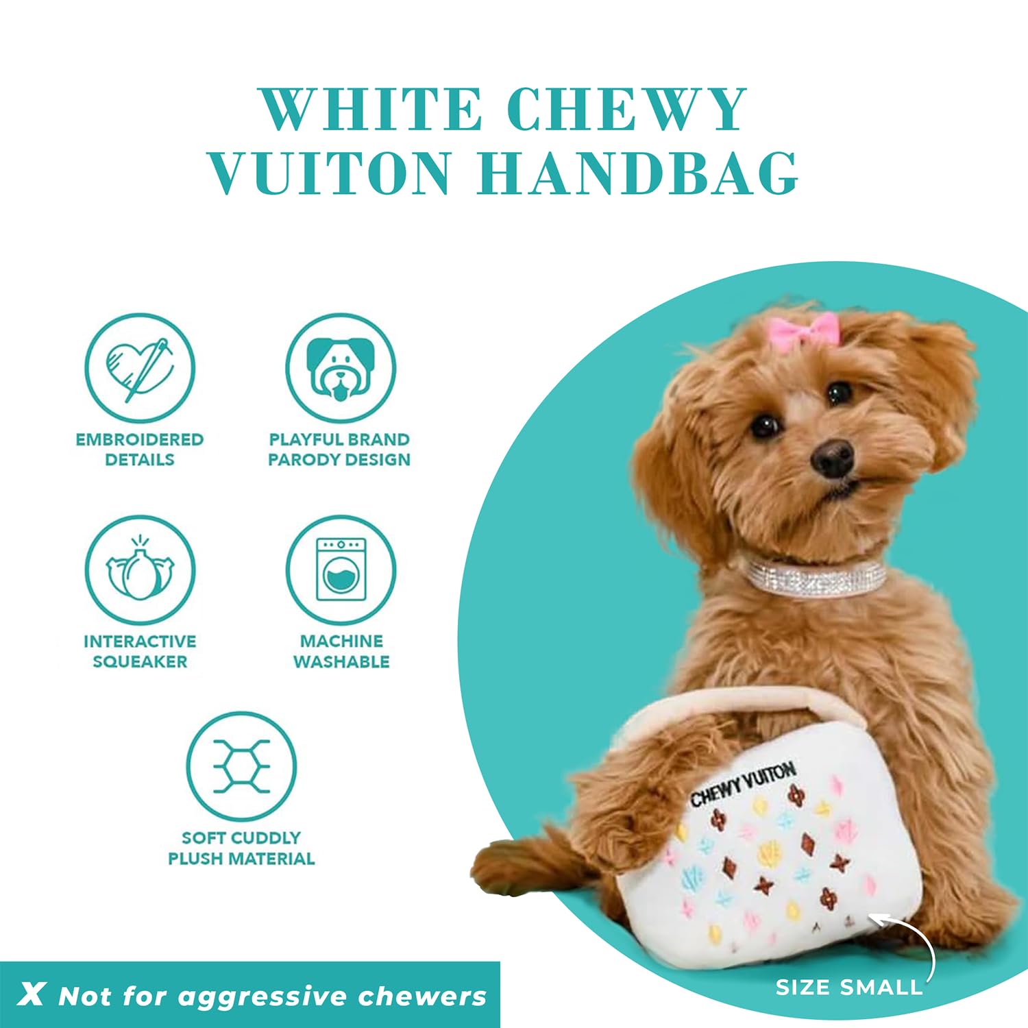 Haute Diggity Dog Chewy Vuiton Handbag plush fabric, cuddle-worthy yet durable for chewy play.