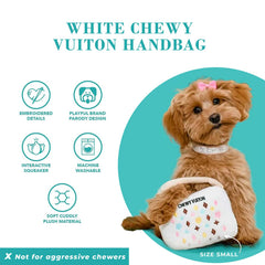 Haute Diggity Dog Chewy Vuiton Handbag plush fabric, cuddle-worthy yet durable for chewy play.
