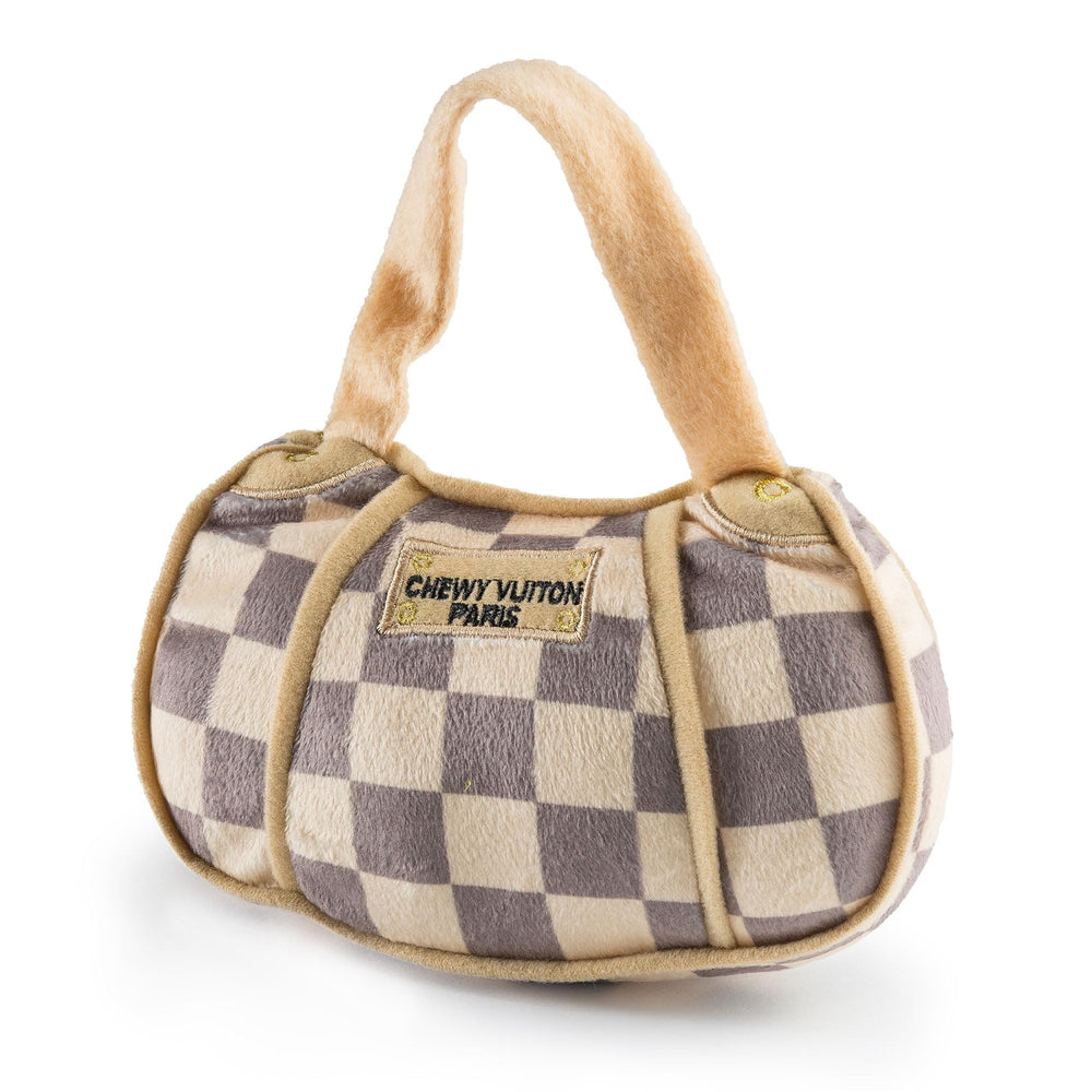 Haute Diggity Dog Chewy Vuiton Handbag tan checker, soft plush for playful fetch.