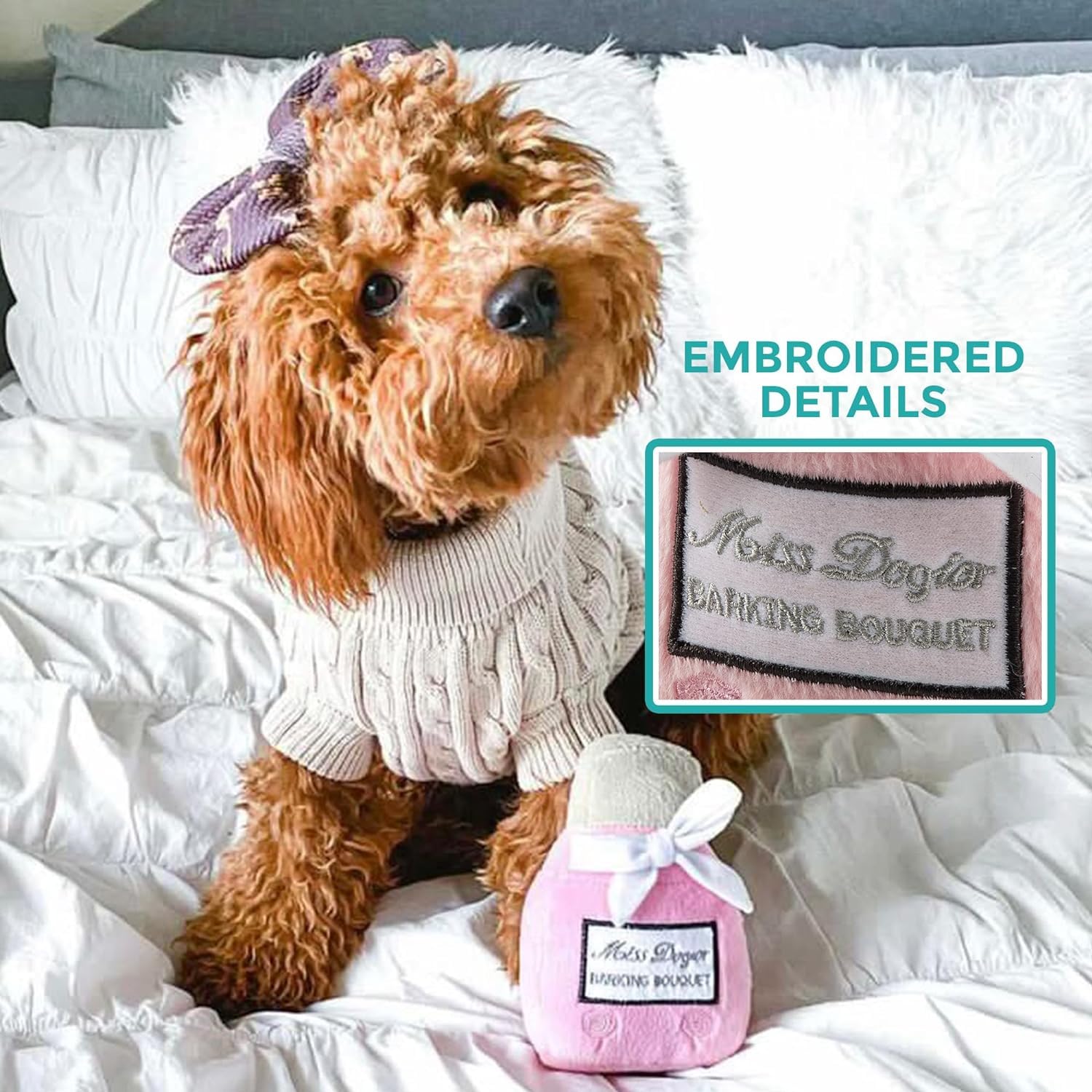 Miss Dogior pink plush squeaker toy adds stylish interactive fun