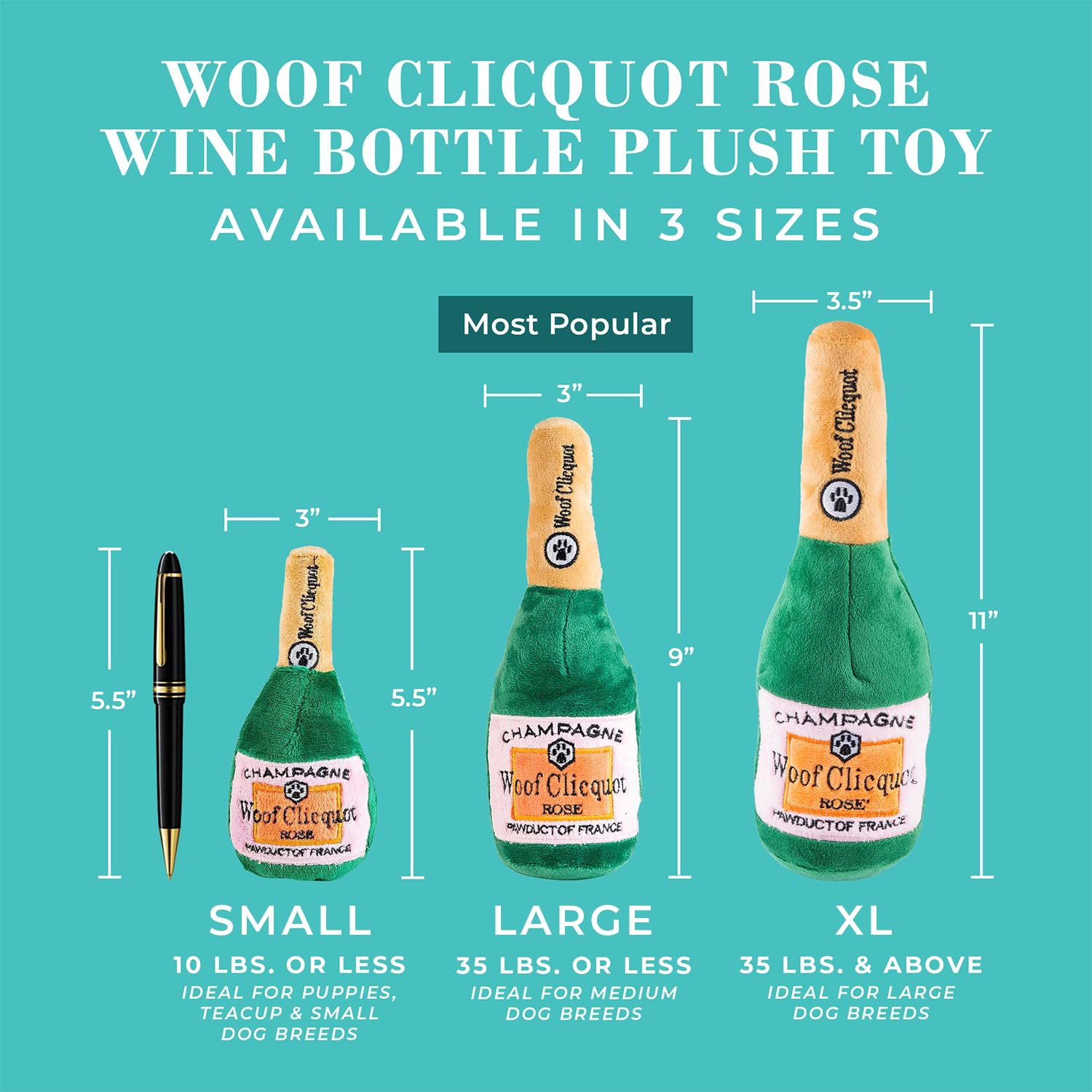 Haute Diggity Dog Woof Clicquot Rose bottle design adds boutique vibes to toy collections.