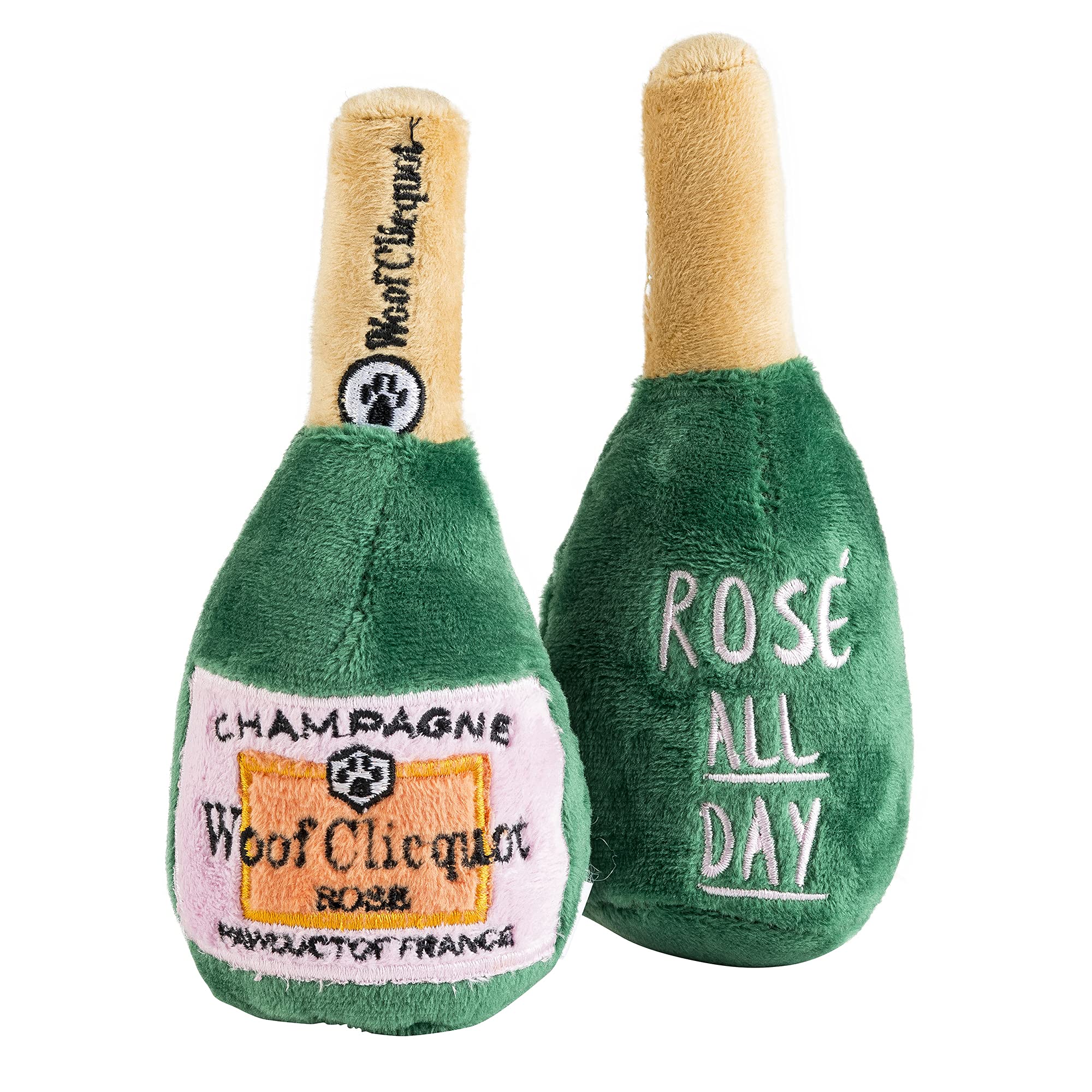 Woof Clicquot Rose squeaker highlights engaging sound for interactive fetch sessions.