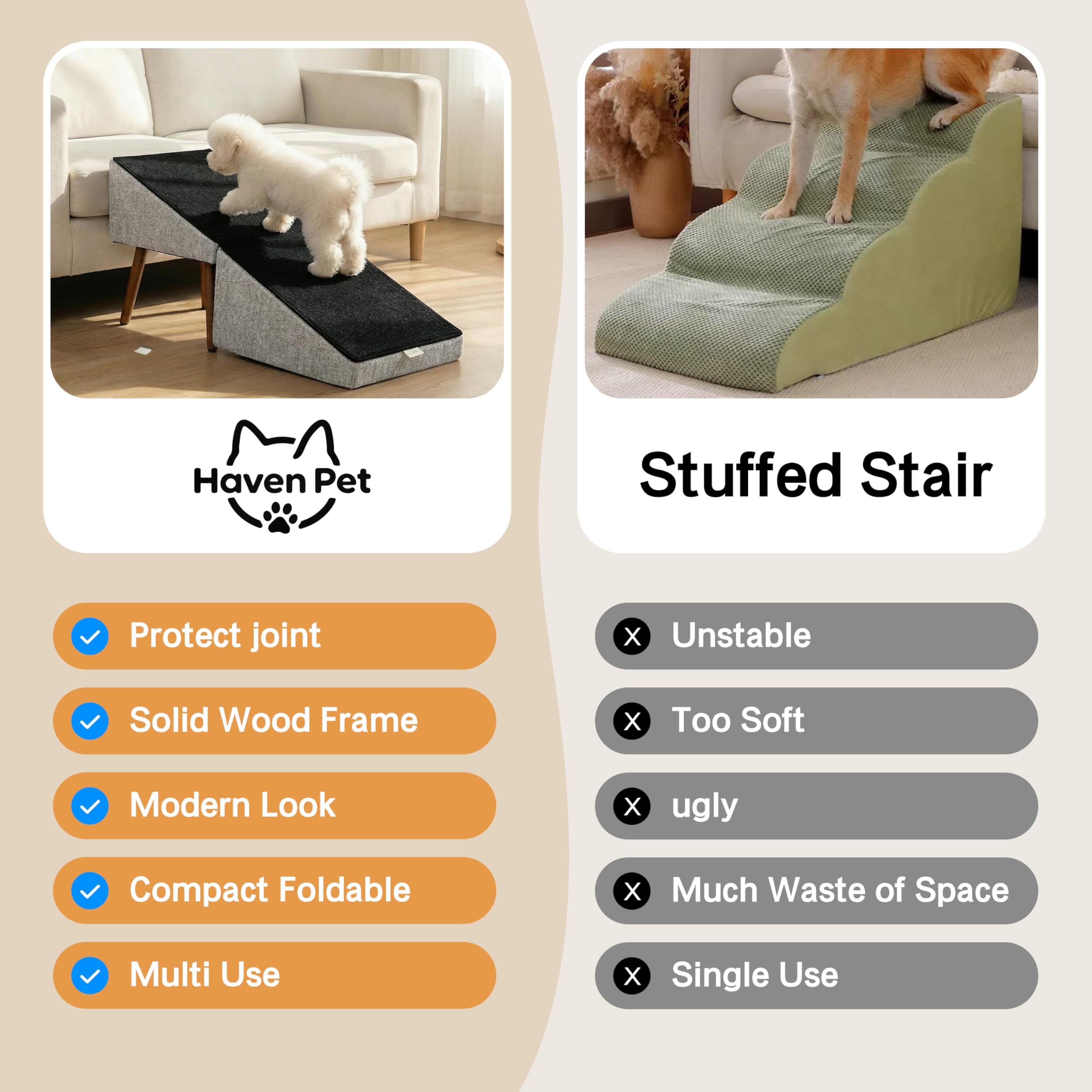 Haven Pet 2-in-1 dog ramp-invisible-hinges: concealed joints reduce paw snag risk
