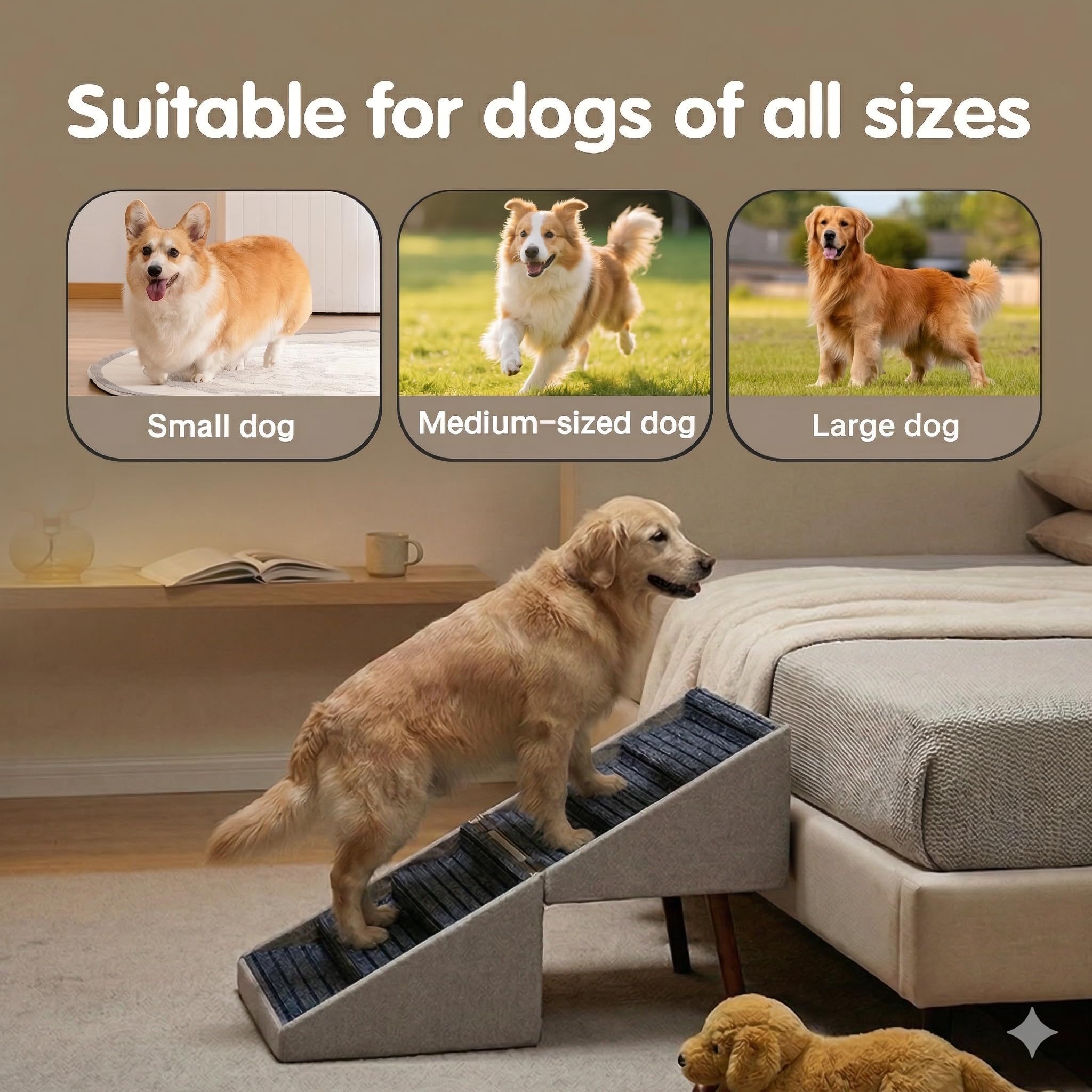 Solid wood frame supports up to 400 pounds for large dogs.