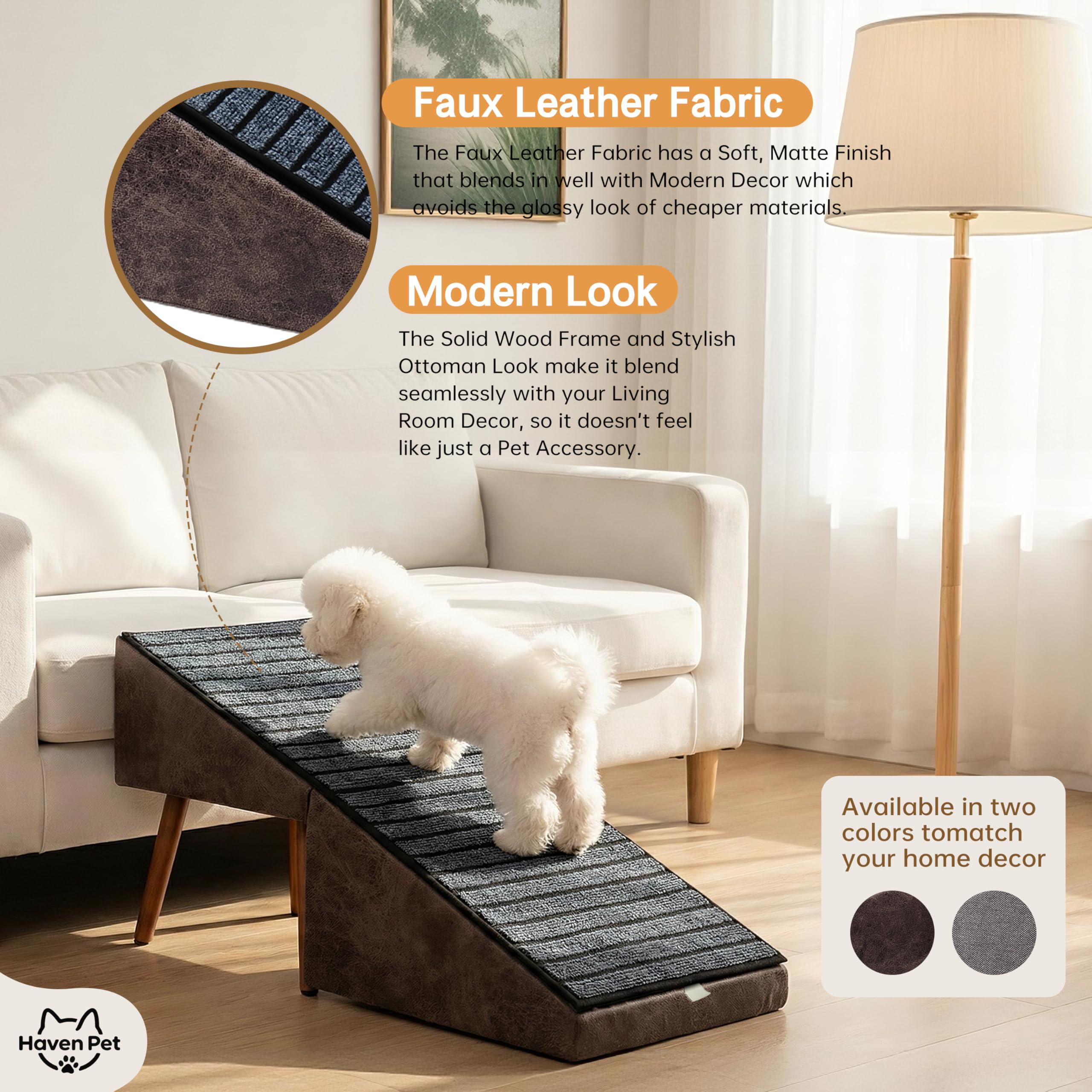 Haven Pet replaceable, machine-washable carpet keeps the ramp clean.