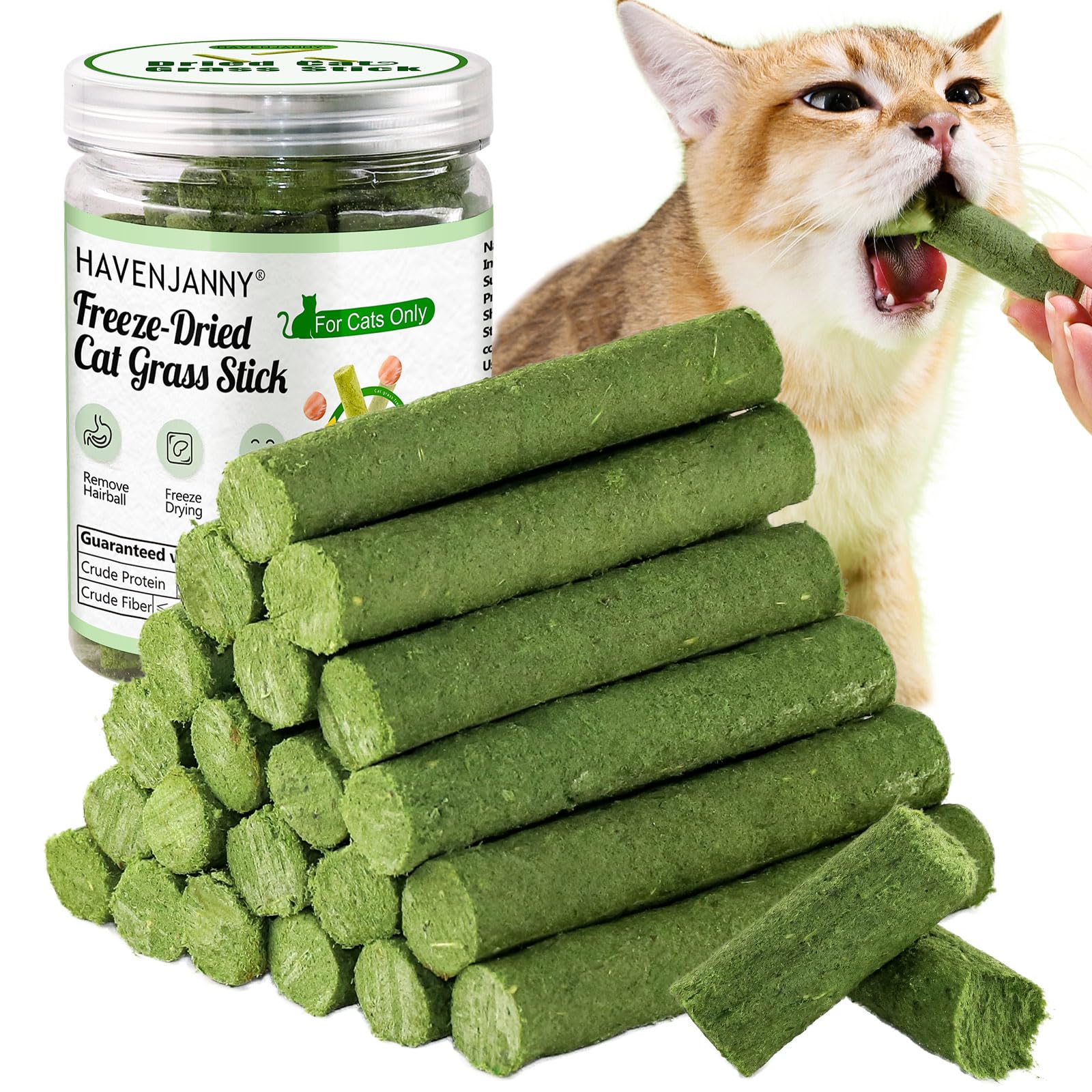 HavenJanny cat grass teething stick packaging shows crisp, resealable can for fresh treats