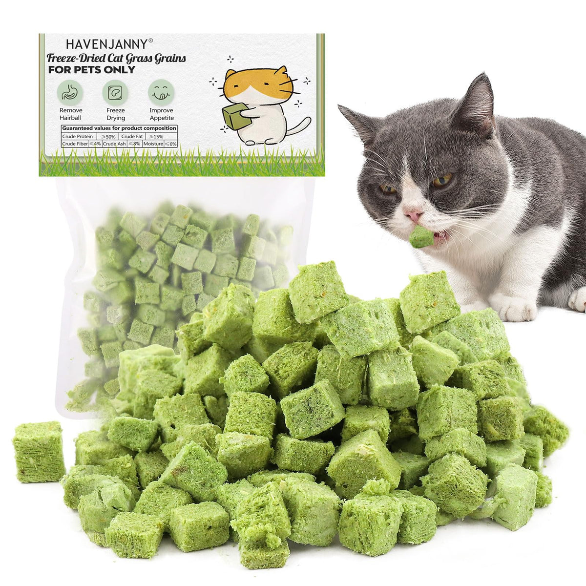 HavenJanny cat grass treats packaging, showing a wholesome reward for cats.