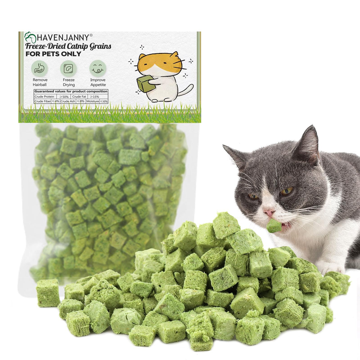 HavenJanny freeze-dried cat grass snacks in bite-sized pieces for easy feeding.