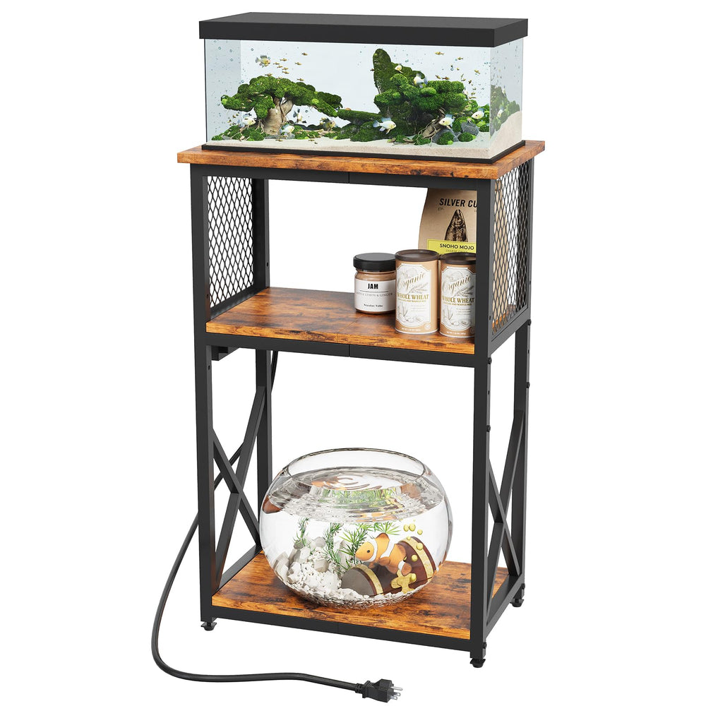 HavenlyYouth 10-gallon stand with power outlets keeps tank accessories organized.