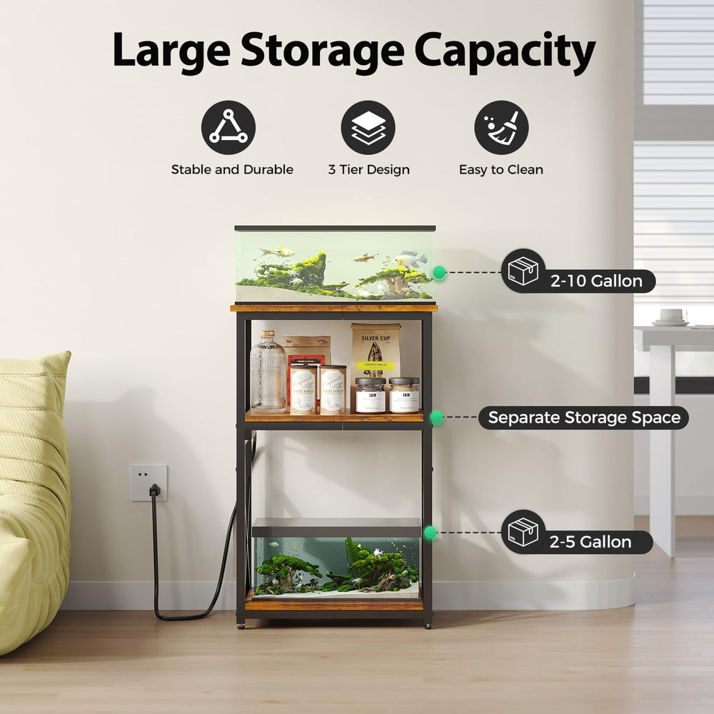 HavenlyYouth three-tier stand with adjustable shelves for flexible tank storage.
