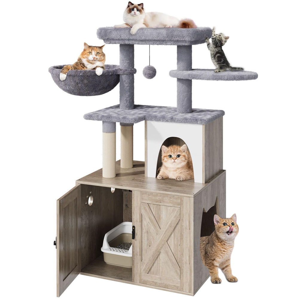 HavenlyYouth cat tree with litter box enclosure offers convenient hideaway and clean litter access.