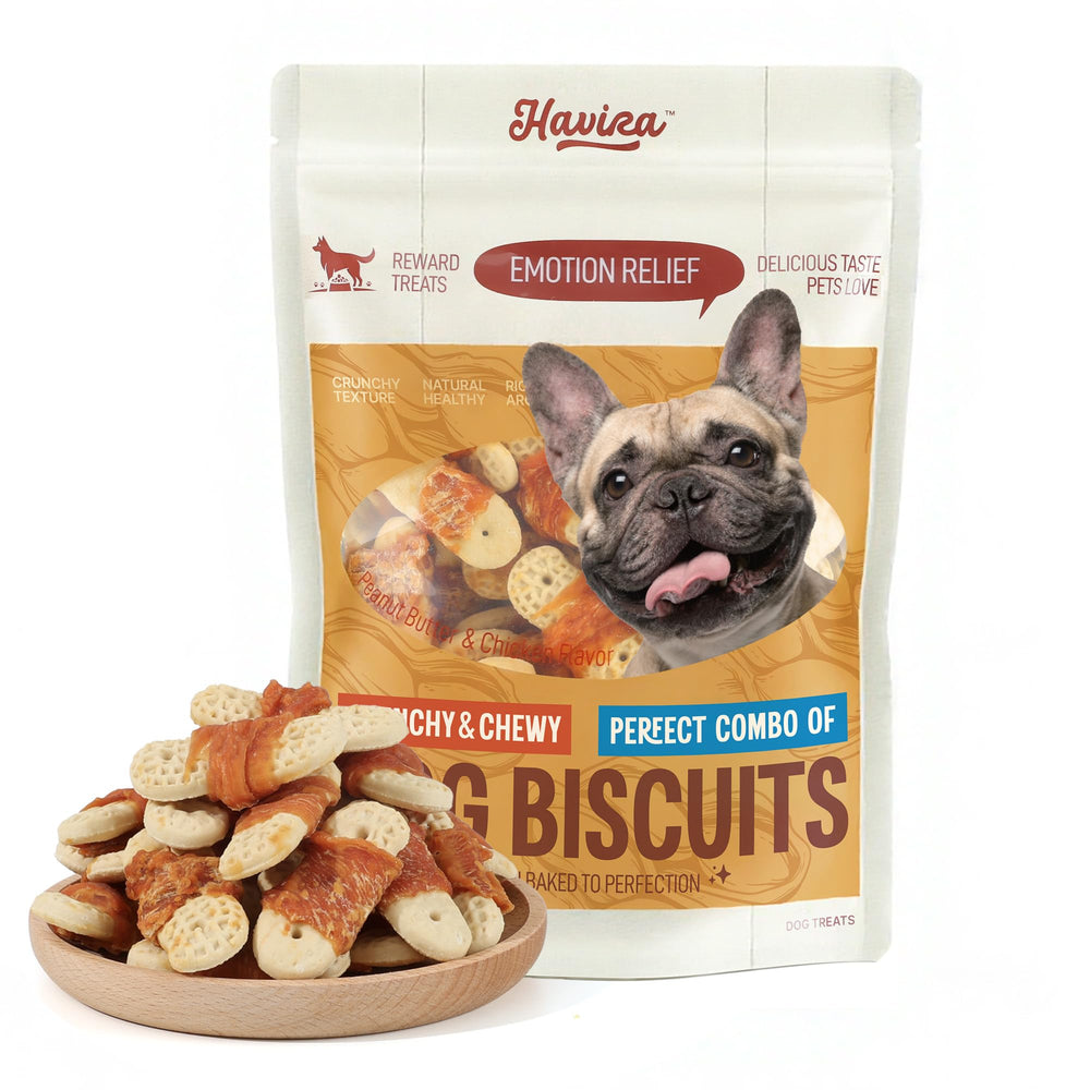 Havira chicken wrapped biscuits dog treats show a protein-rich, crunchy reward.
