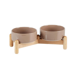 Havniva ceramic raised double bowls with wooden stand for easy access during meals.