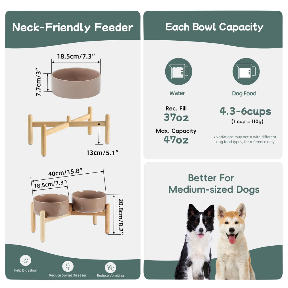 Havniva ceramic raised bowls with wooden stand, front view, stable design prevents sliding.