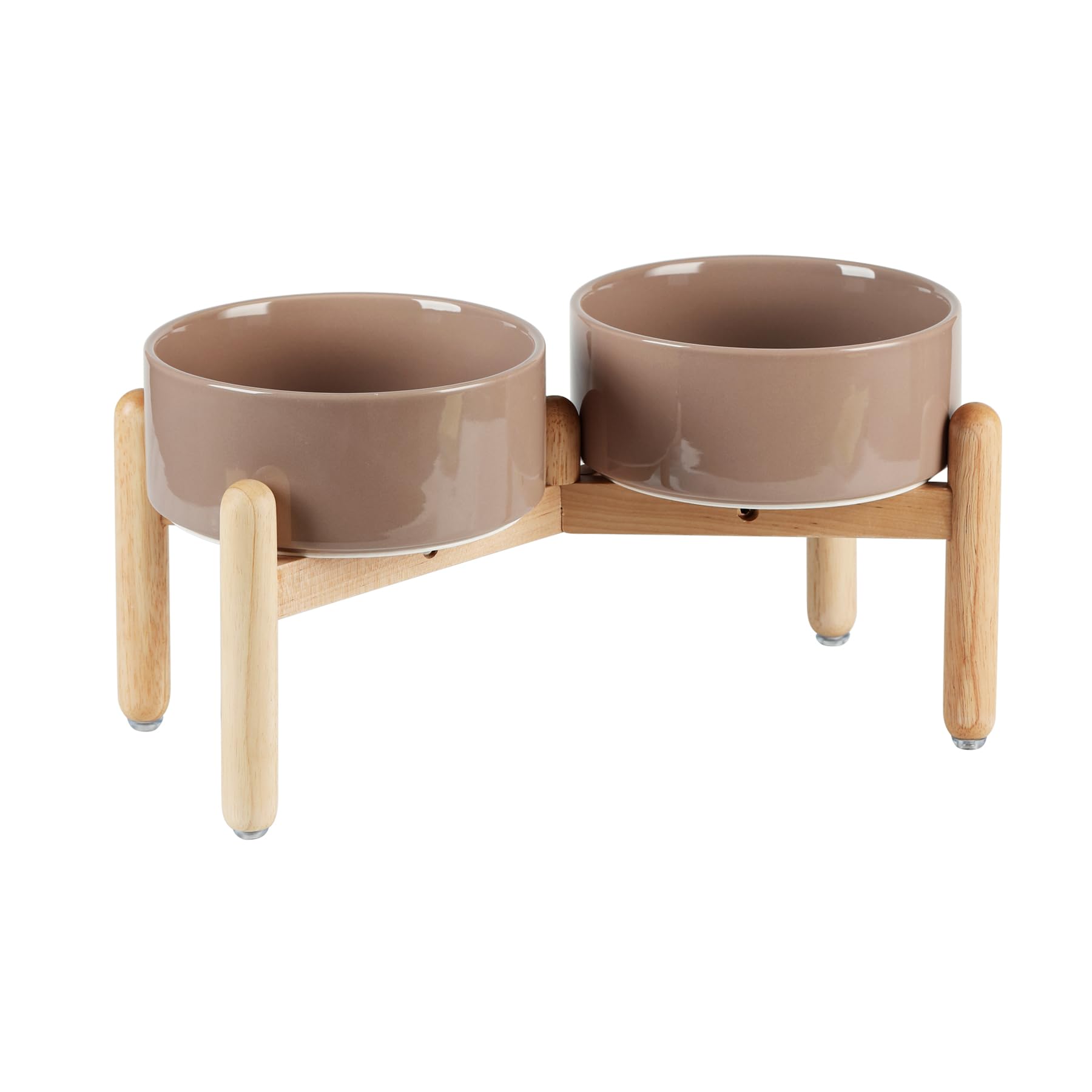 Havniva ceramic 7.3-inch raised bowls with wooden stand, side view, promotes comfortable eating posture.
