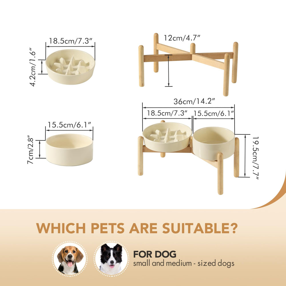 Havniva ceramic bowl on elevated wooden stand supports comfortable dining posture.