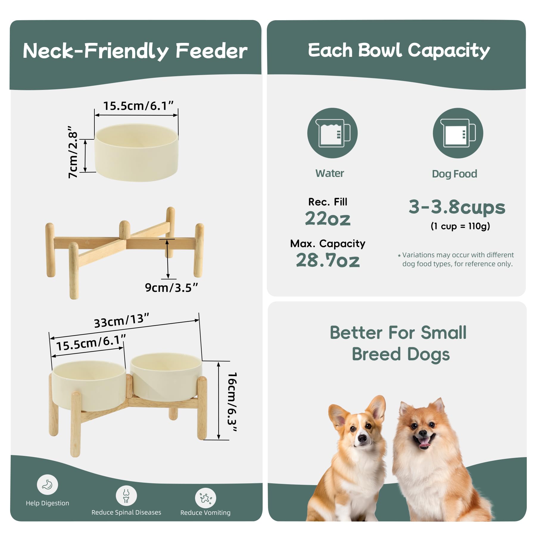 Havniva ceramic raised dog bowl with stand; front view highlights stable wooden base.
