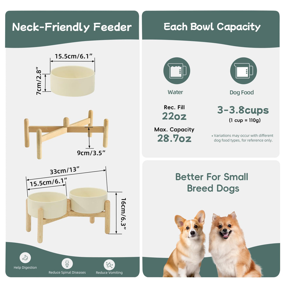 Havniva ceramic raised dog bowl with stand; front view highlights stable wooden base.