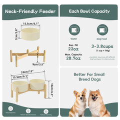 Havniva ceramic raised dog bowl with stand; front view highlights stable wooden base.