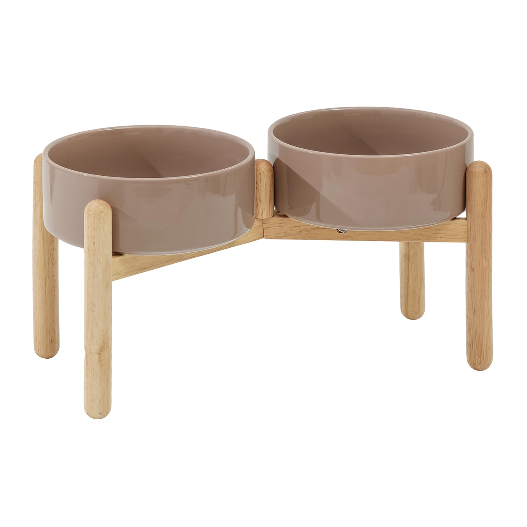 Havniva raised dual bowls on wooden stand facilitate easy access for large dogs.