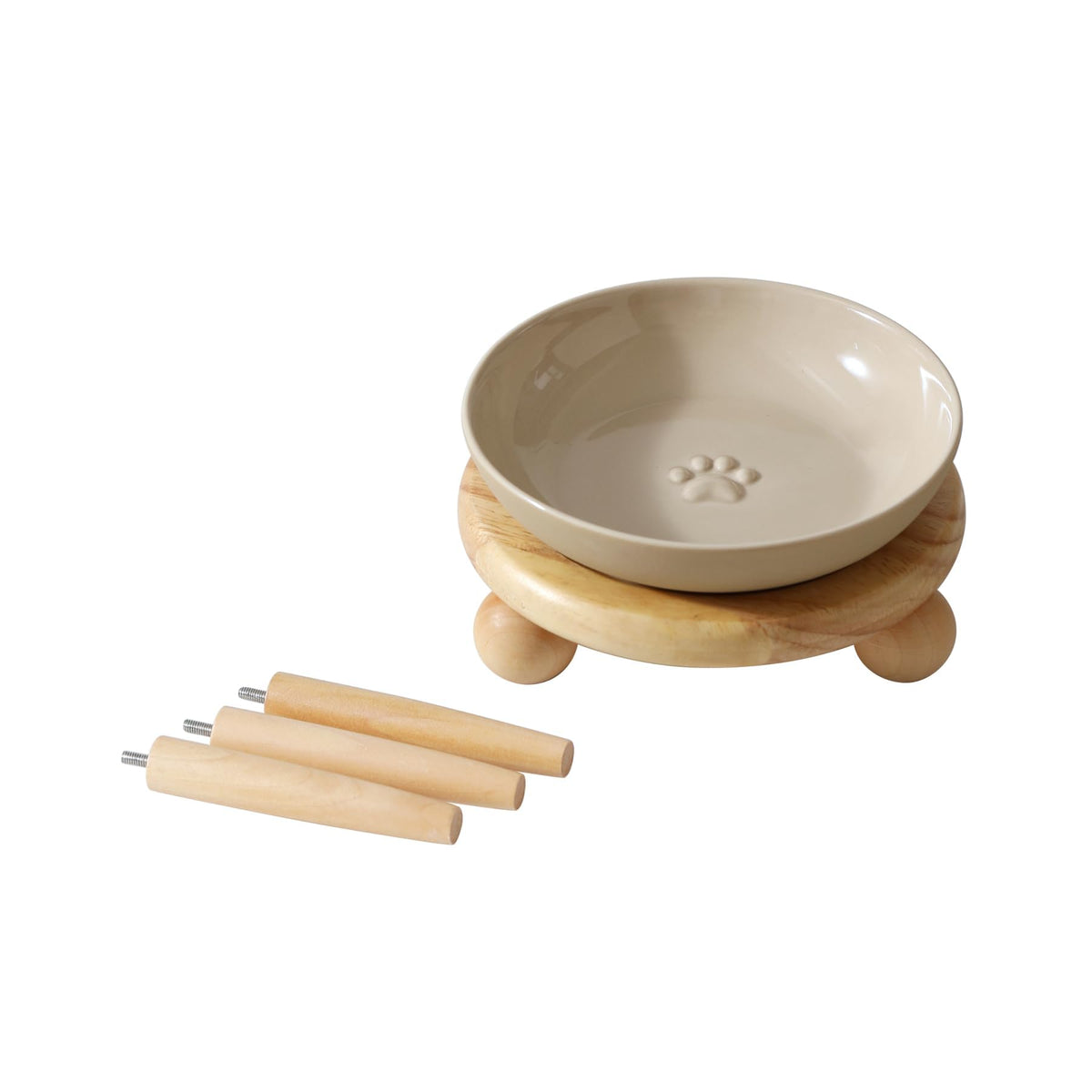 Havniva elevated cat bowls on wooden stand with whisker-friendly wide opening.
