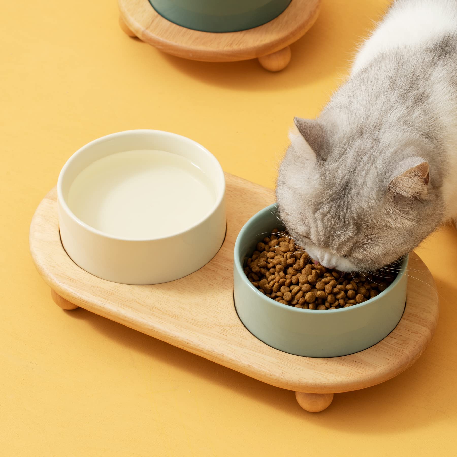 Havniva elevated feeder on wooden tray keeps meals tidy.