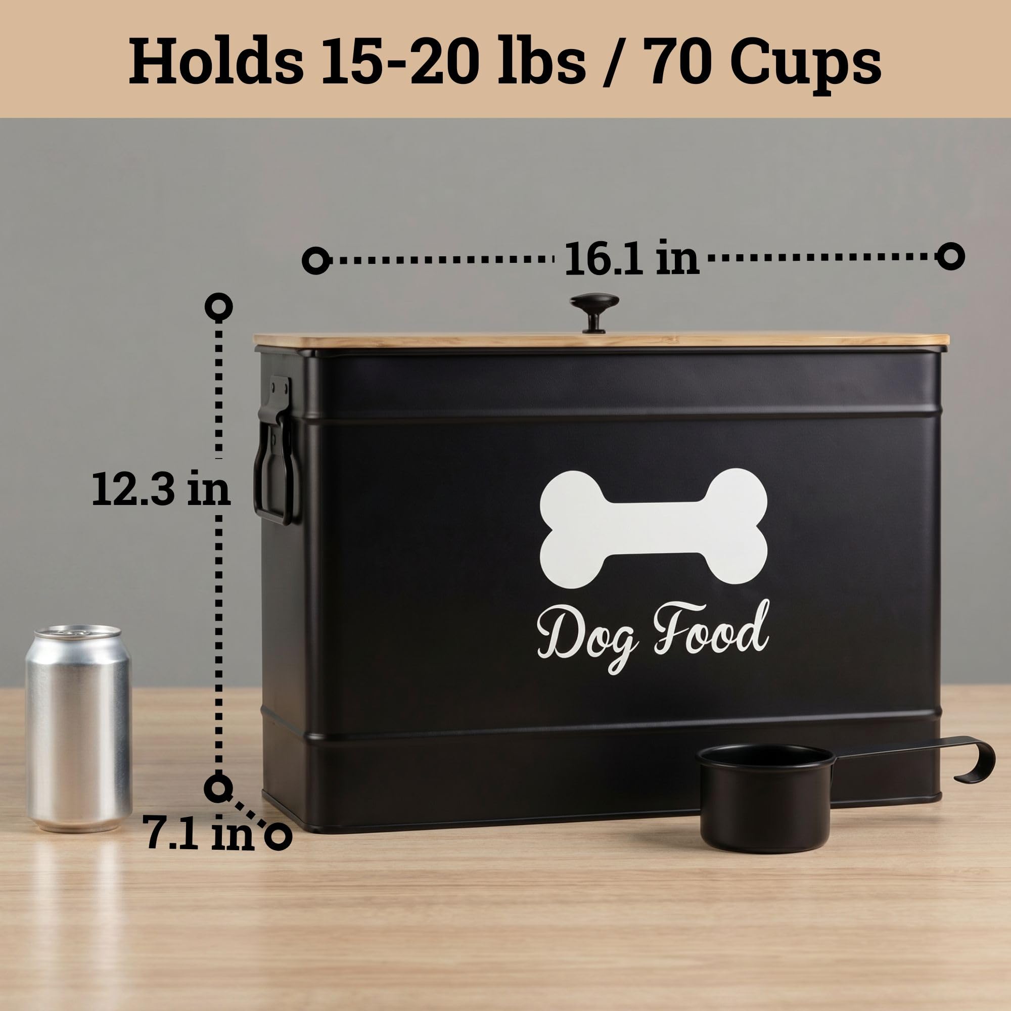 Sleek, decorative design stores up to 70 cups of kibble.