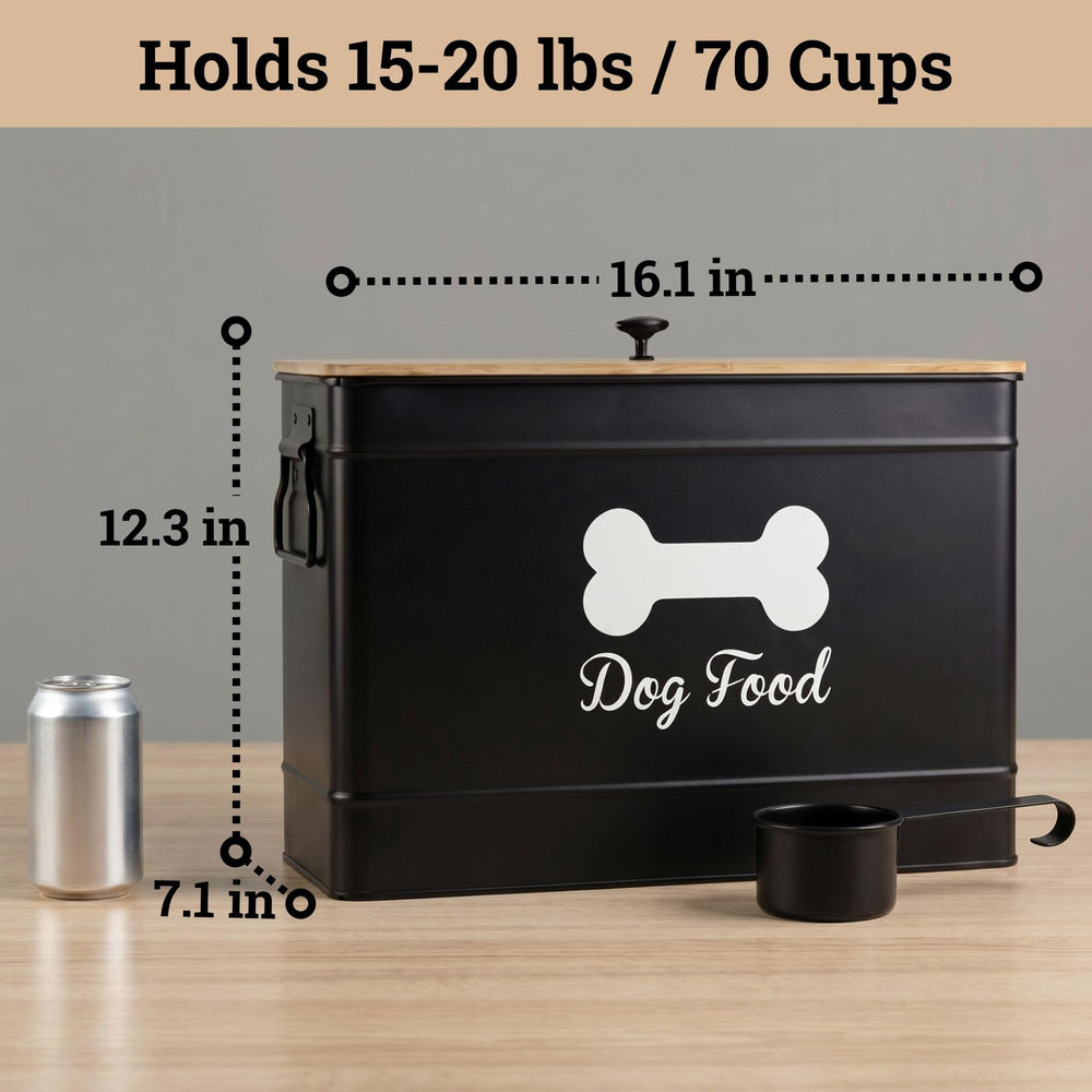 Sleek, decorative design stores up to 70 cups of kibble.