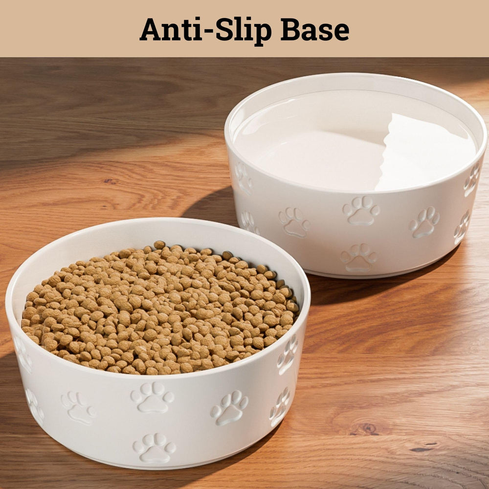 HB Design Co bowls with paw-print decor for a stylish feed area