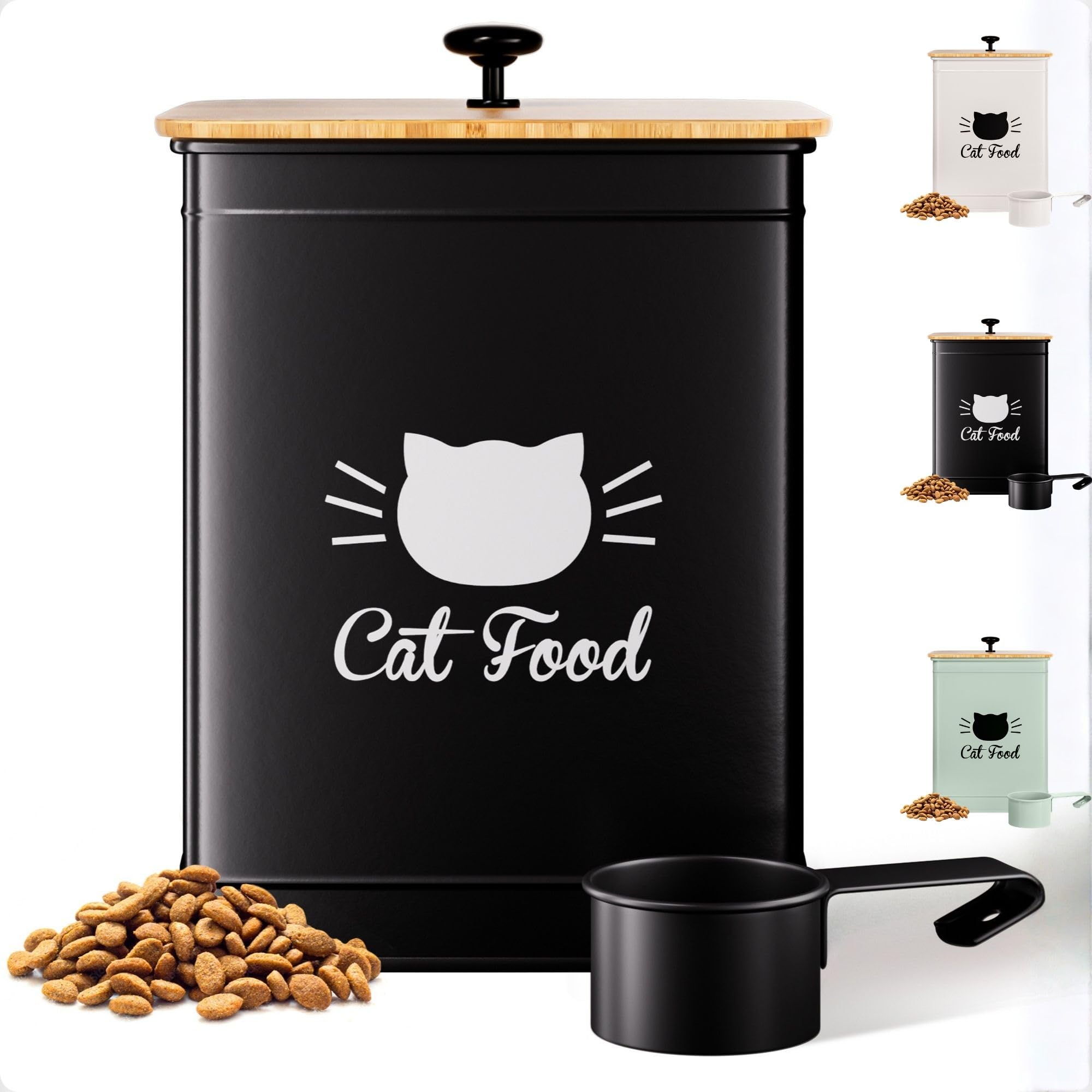 HB Design Co cat food container with airtight bamboo lid keeps kibble fresh.