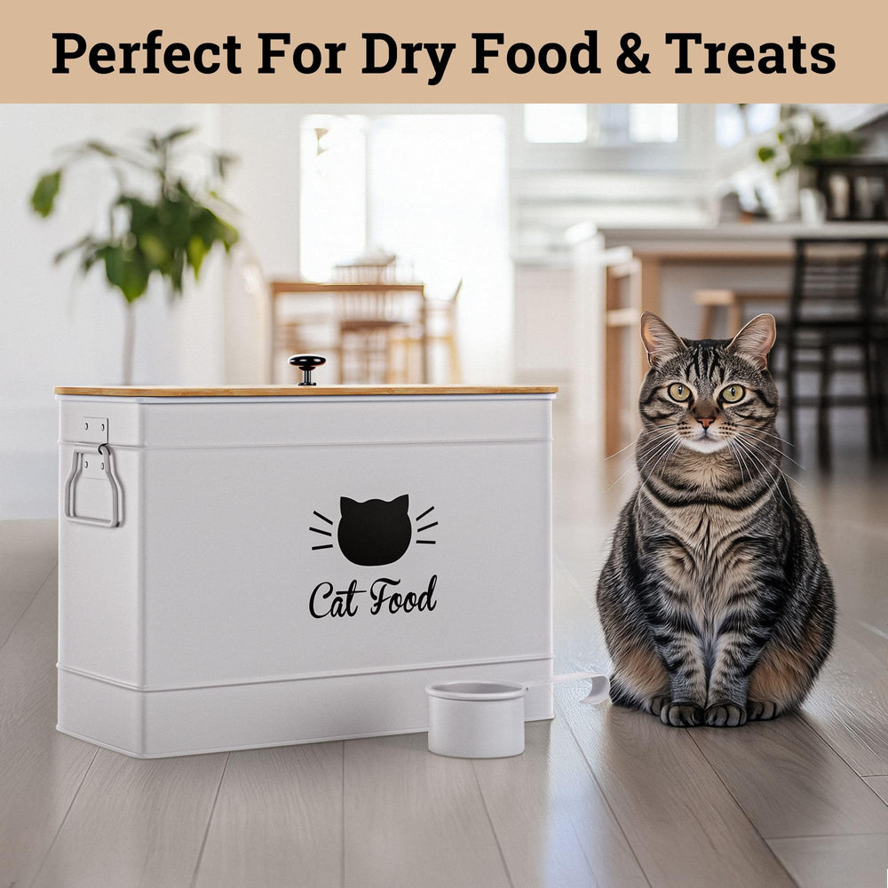 HB Design Co cat food container on pantry shelf blends with decor and saves space.
