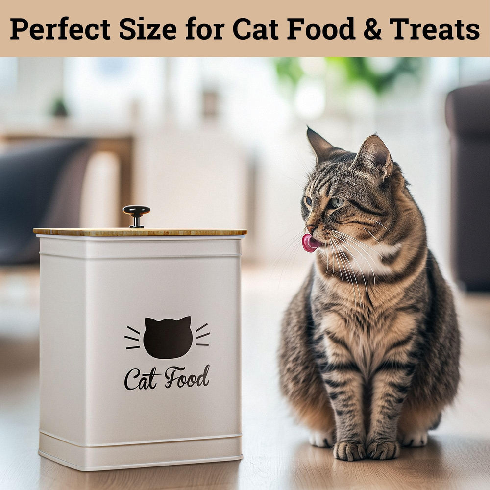 HB Design Co decorative matte white finish cat food bin complements any kitchen.