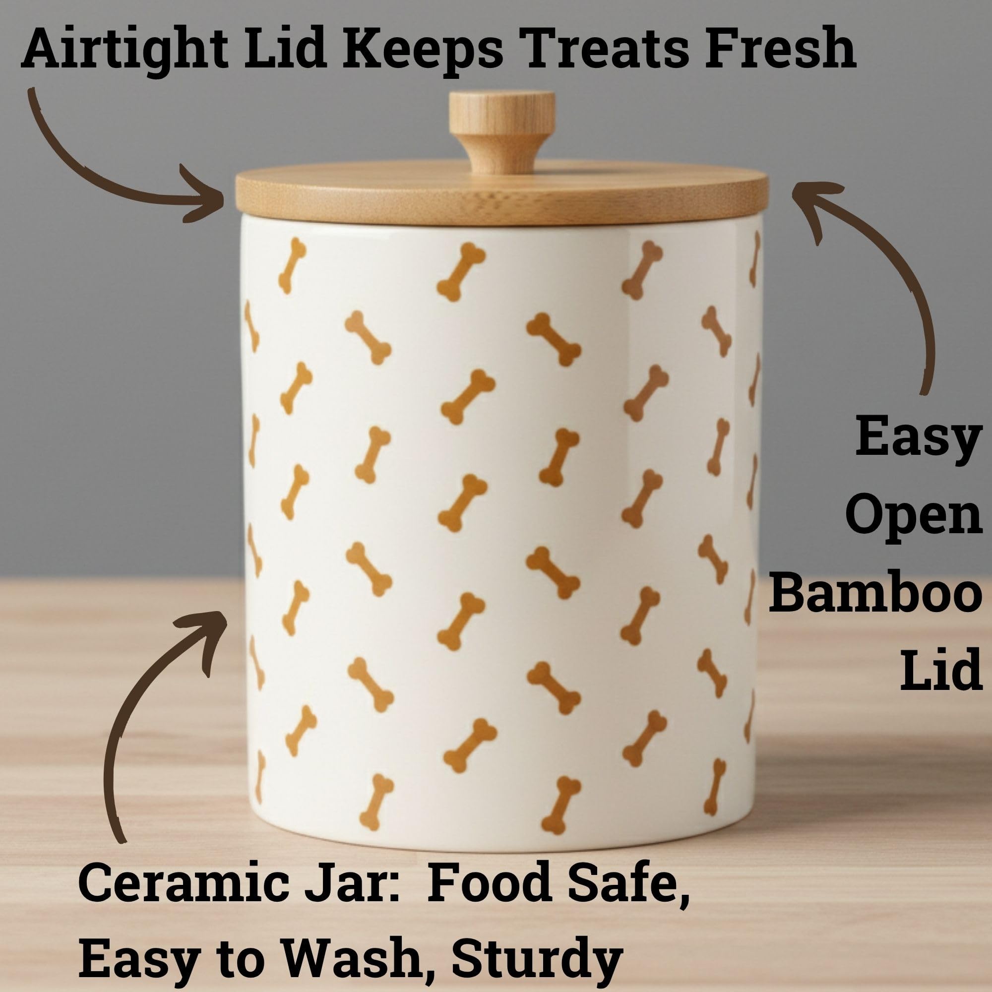 HB Design Co. glossy white ceramic dog cookie jar on the counter for easy access.