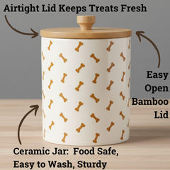 HB Design Co. glossy white ceramic dog cookie jar on the counter for easy access.