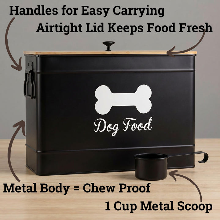 Matte black metal HB Design Co. bin with bamboo lid for stylish storage.
