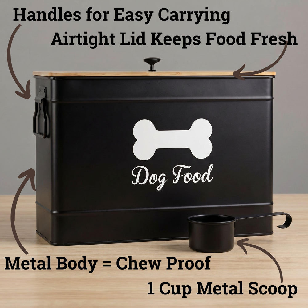 Matte black metal HB Design Co. bin with bamboo lid for stylish storage.