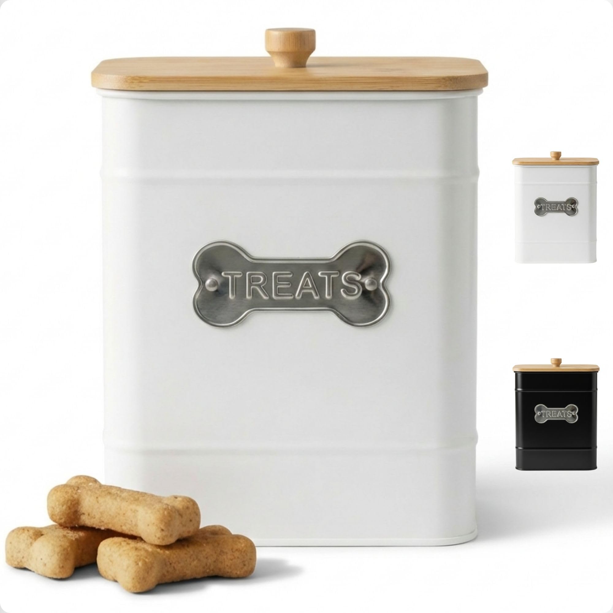 HB Design Co. dog treat container with airtight lid keeps snacks fresh on the counter.
